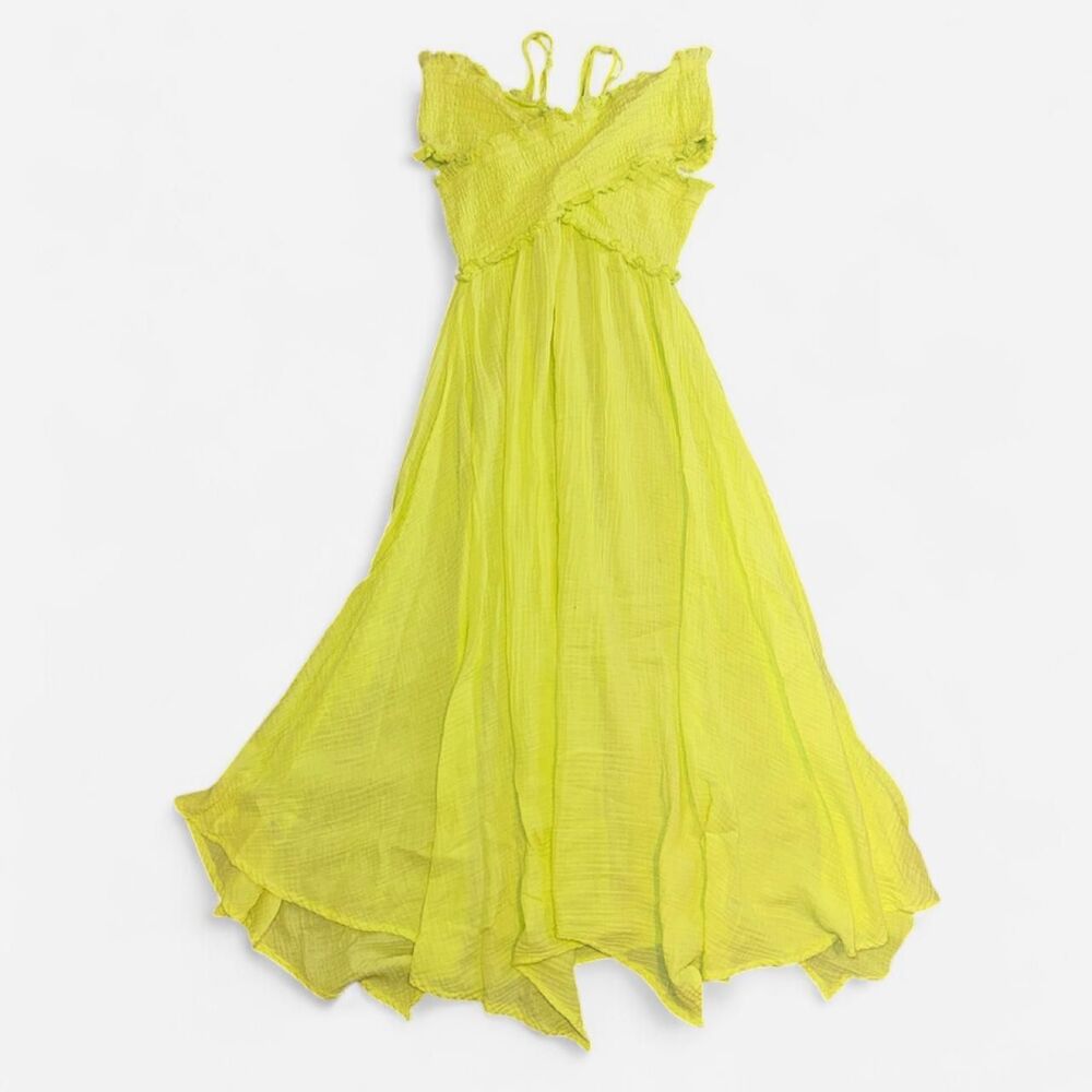 Anthropologie Smocked Gauze Criss Cross Asymmetrical Midi Dress in Lime Green - Picture 8 of 8